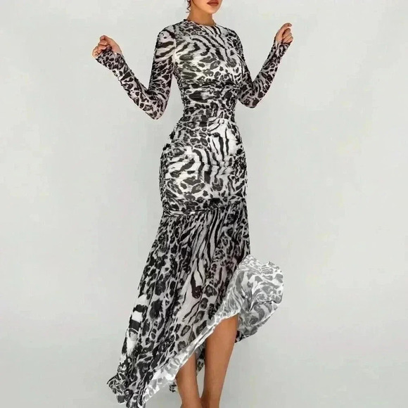 Grey Elegant Women's Mesh Leopard And Zebra Print Asymmetrical Hem Long Dress - Picture 3 of 5